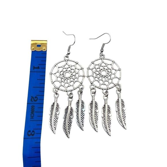Silver boho dream catcher Dangle earrings - Picture 3 of 3